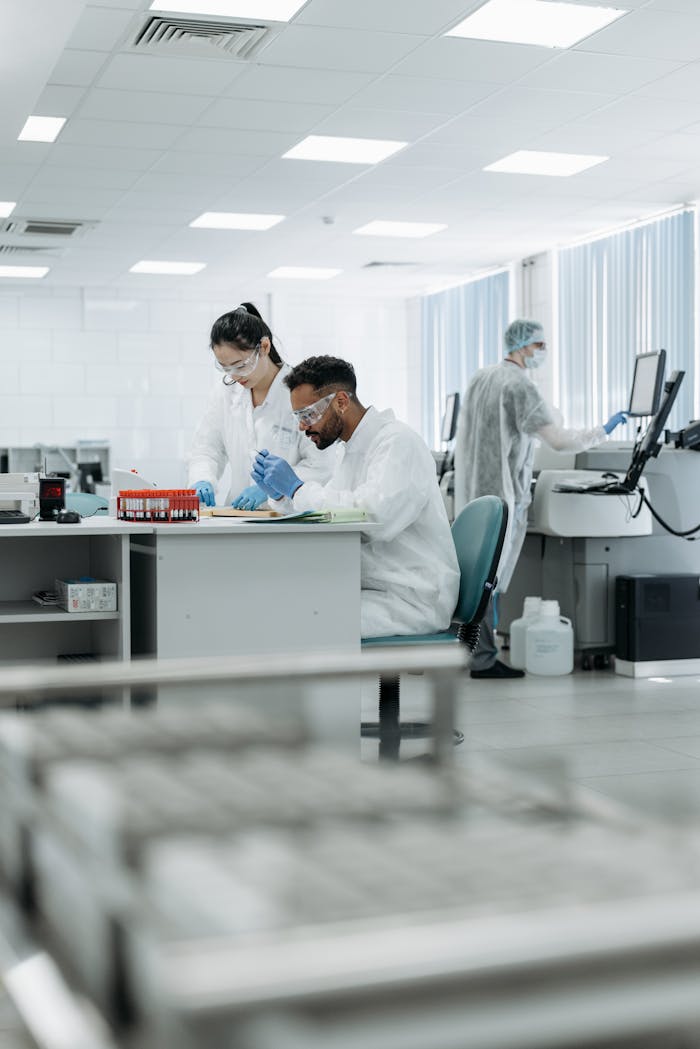 Scientists in a high-tech lab conducting research, analyzing data with advanced equipment.