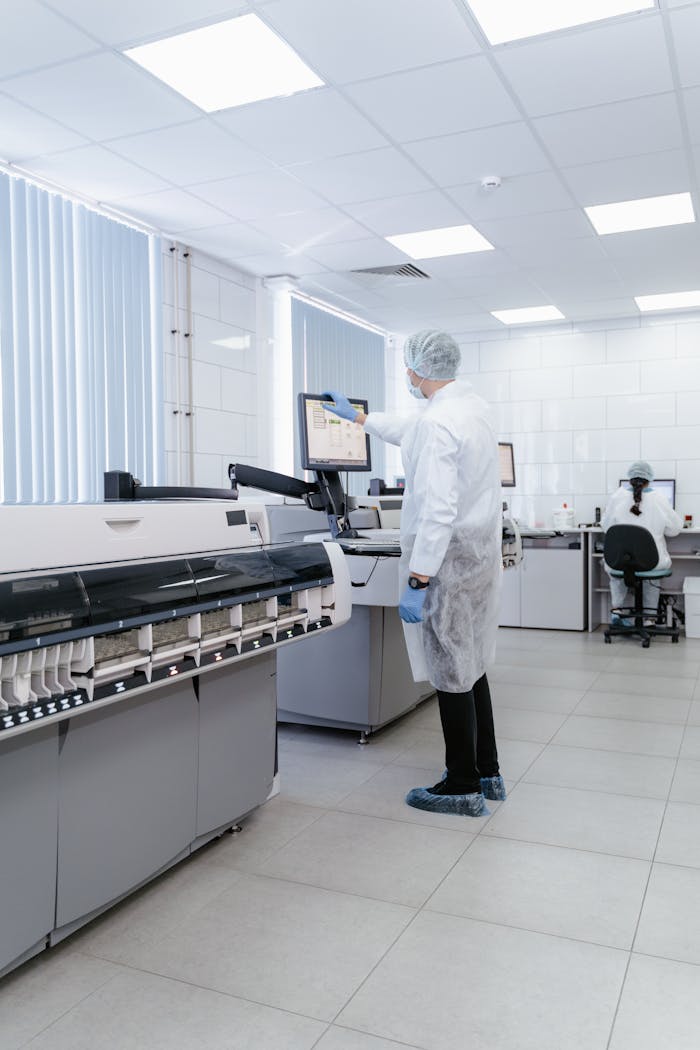Technician in PPE working with advanced lab equipment in a modern medical laboratory.